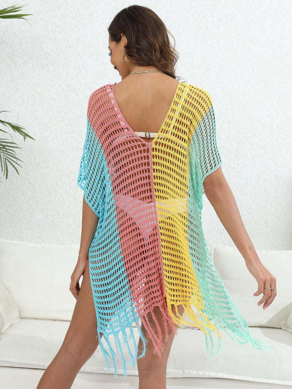 Dusty Pink Velorisse color block fringe cover-up back view