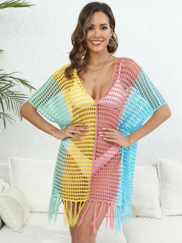 Dusty Pink Velorisse color block fringe cover-up front view