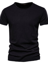 Front view of black round neck short sleeve cotton tee