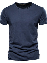 Front view of navy blue round neck short sleeve cotton tee