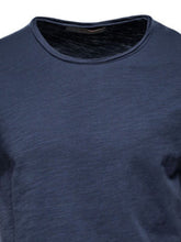 Close-up front view of navy cotton round neck short sleeve tee highlighting neckline and chest
