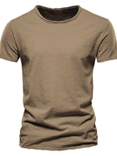 Front view of taupe round neck short sleeve cotton tee