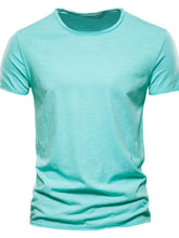 Front view of tiffany blue round neck short sleeve cotton tee