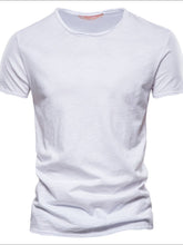 Front view of white round neck short sleeve cotton tee