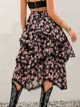 Elurevyn black floral print lace midi skirt back view highlighting layered design and lace hem detail