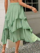 Elurevyn gum leaf polka dot print lace midi skirt back view highlighting layered design and lace hem detail