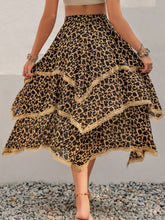 Elurevyn leopard print lace midi skirt back view highlighting layered design and lace hem detail