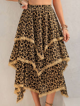 Close-up of Elurevyn leopard print lace midi skirt showing lace trim and lightweight layered fabric