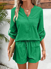 Model front view shot styled in mid green Everyday Escape Short Set.