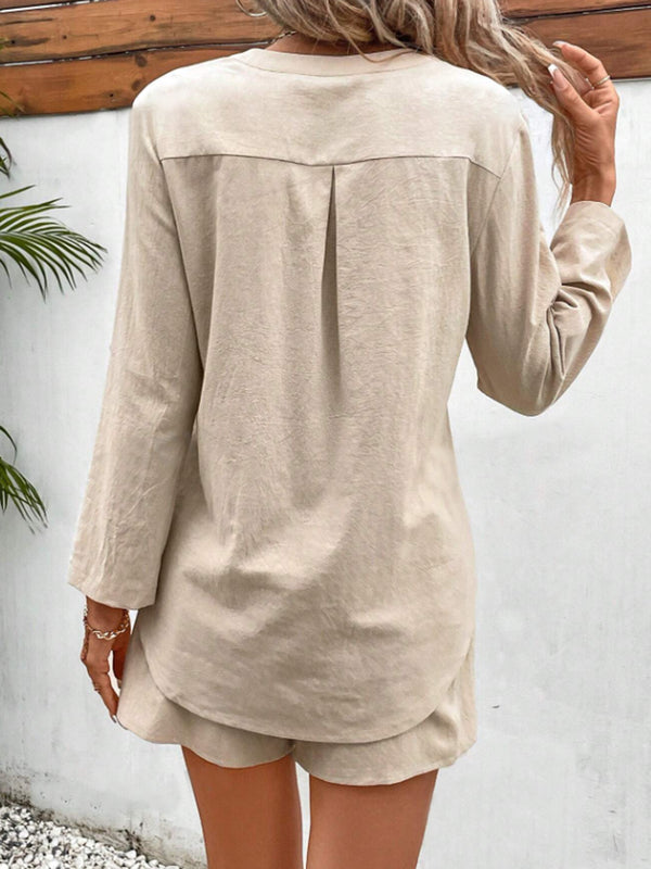 Back view of sand notched lounge set, full outfit.