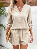 Model wearing sand Everyday Escape Lounge Set front view.