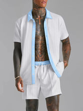 White Ezran ModeSet Luxe Duo men’s set — front view with open white contrast collar, textured fabric, adjustable waist, and creased shorts