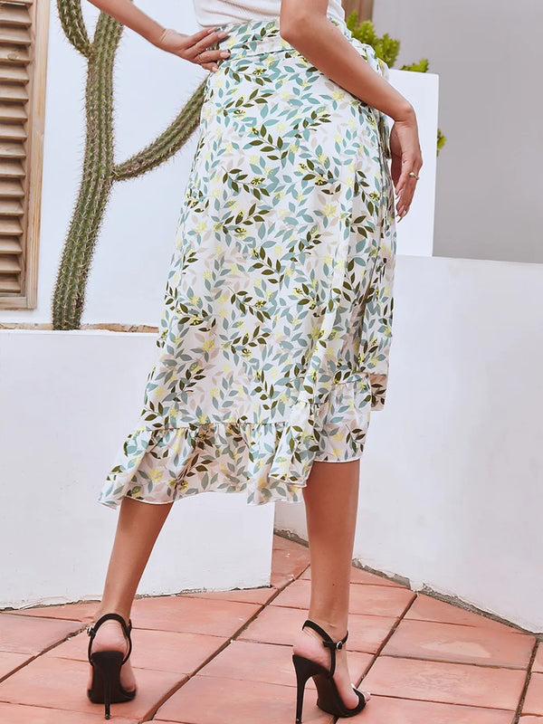 Back view of Faylora Drift Skirt in gum leaf showing cascading ruffled hem and relaxed fit