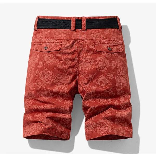Back view of red floral Florvado Bermuda Shorts with flap pockets.