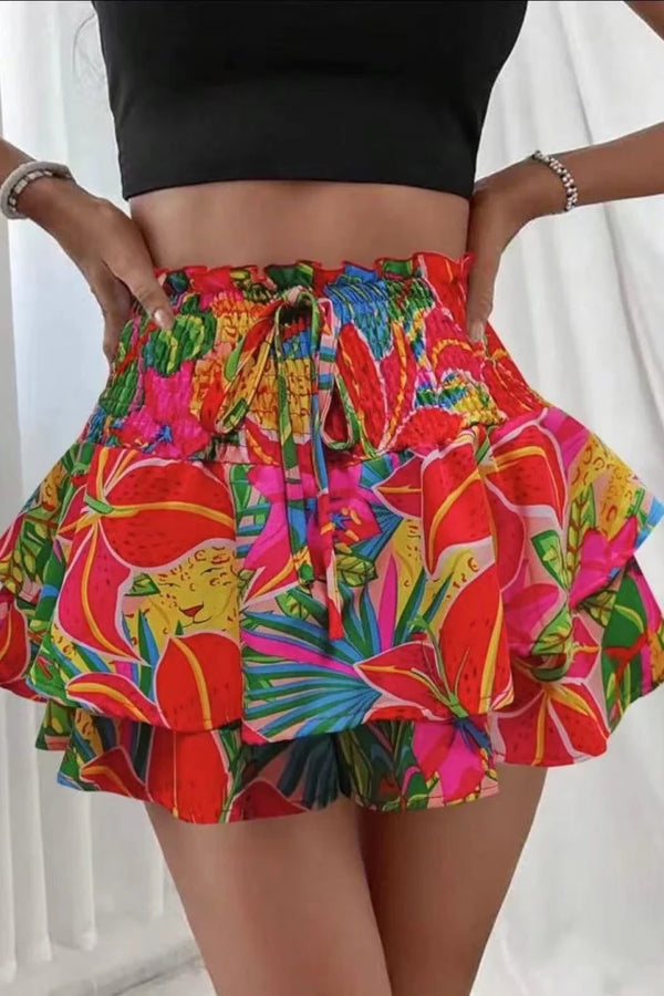 Front view of Floryza Bloom Layer Ruffle Shorts in vibrant red floral.