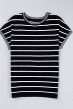 Front angle of black striped knit short sleeve top, displaying lightweight knit fabric and flattering sleeve length.