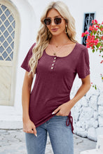 Front view of burgundy Ruched Square Neck Short Sleeve T-Shirt styled with denim jeans, sneakers, and sunglasses.