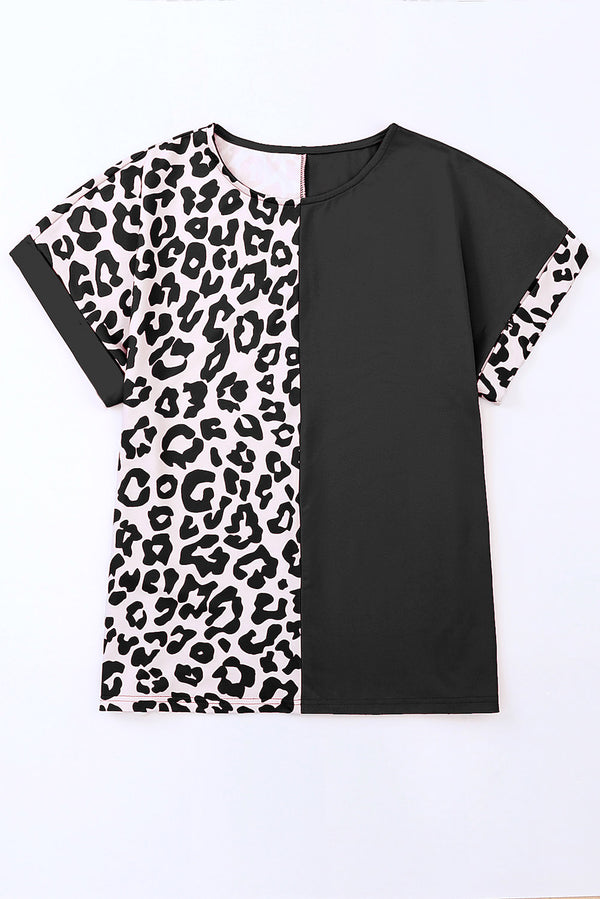 Front view of leopard and black split t-shirt