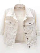 A front photo of the white Full Size Cropped Denim Plus Size Mid Sleeve Jacket on a clothes hanger.