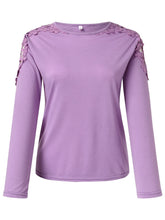 Front view pink purple of FloraFrost™ Tee highlighting lace floral cutout shoulders and round neckline.