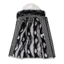 Opened view of white Furienté™ Men’s Hooded Contrast Luxe Winter Jacket showcasing black and white plush contrast lining with side pocket detail.