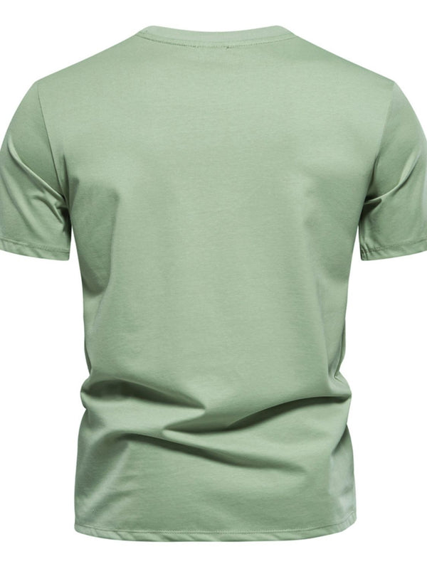 Back view of GeoLuxe Modern Embroidered Round Neck Tee in gum leaf green showing smooth finish and tailored fit.
