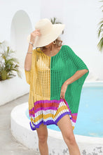 Gold Valenyra openwork contrast cover-up styled with straw hat front view poolside