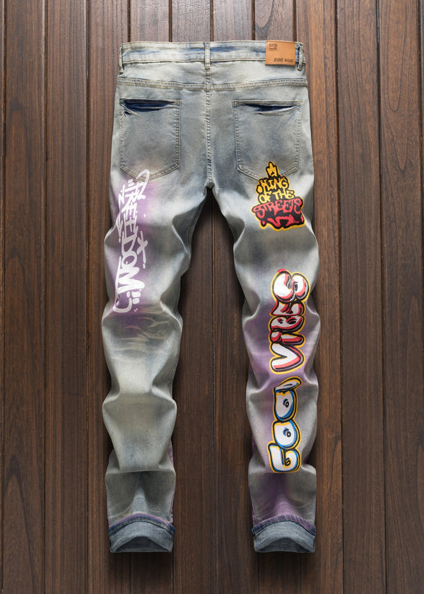 Multicolor print slim fit jeans back view freedom and crowned king light blue