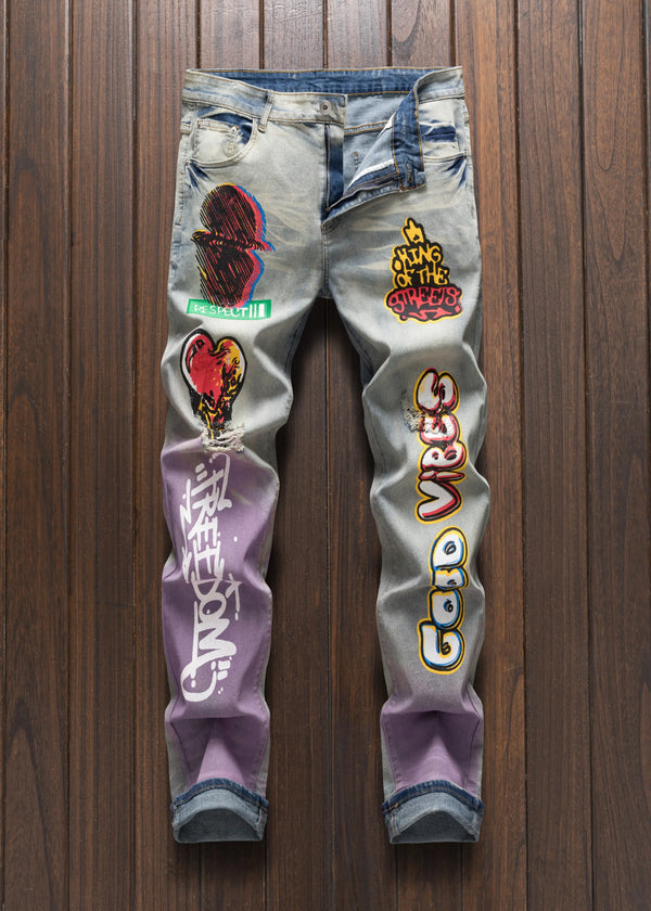Men’s good vibes print slim fit straight jeans front view light blue.