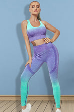 Model in lavender Gradient Flow Momentum set, front view showing ombré tank and high-waist leggings.