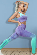 Woman stretching in lavender Gradient Flow Momentum Set styled with sneakers, side view.