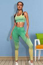Model in Mid Green Gradient Flow Momentum set, front view showing ombré tank and high-waist leggings.
