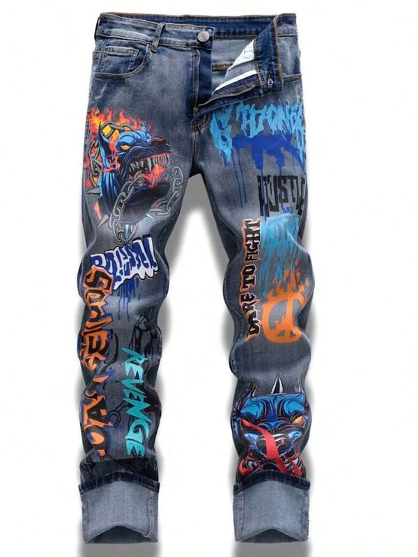men’s infernocorso spirit dog graffiti denim jeans front view Pacific Blue