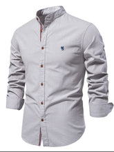 Front angle of men’s Gray Aura Lift Zenith mandarin collar button-up shirt with foldable sleeves.