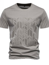 Front view of Gray GeoLuxe Modern Embroidered Round Neck Tee showcasing geometric embroidery and clean round-neck design.