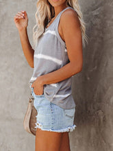 Side view of gray tie-dye round neck tank highlighting gentle dye pattern and casual, easy fit.