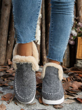 Model wearing the grey Furry Suede Round Toe Flat Sneakers, top angle
