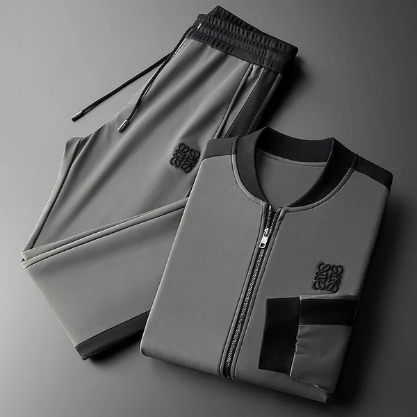 gray stravone baseball jacket set front folded view