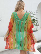 Back view of green Coastal Spectrum openwork contrast V-neck cover-up showing lightweight openwork knit and flattering fit