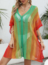 Model wearing green Coastal Spectrum openwork contrast V-neck beach cover-up at poolside