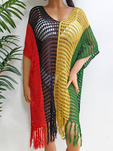 Green Velorisse color block fringe cover-up close up front view