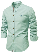 Front angle of men’s gum leaf Aura Lift Zenith mandarin collar button-up shirt with foldable sleeves.