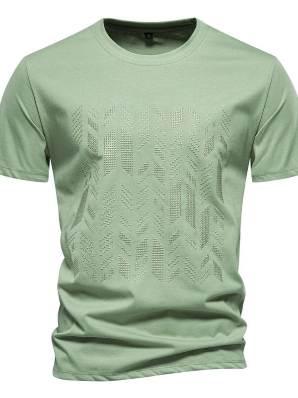 Front view of Gum Leaf GeoLuxe Modern Embroidered Round Neck Tee showcasing geometric embroidery and clean round-neck design.