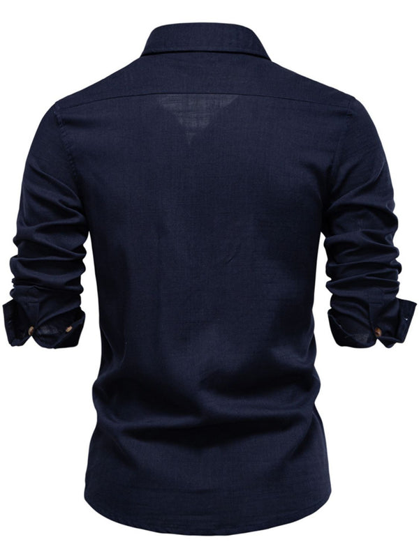 Back view of navy blue linen-blend button down shirt with mid-length sleeves