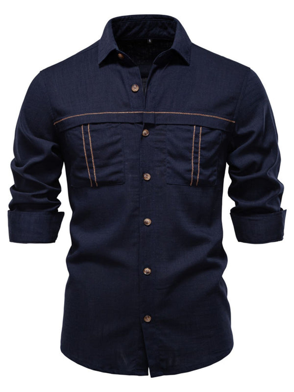 Front view of navy blue linen-blend button down shirt with collar and pockets