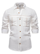 Front view of White linen-blend button down shirt with collar and pockets