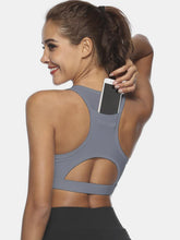 Heather gray cutout scoop neck active tank back view showing pocket.