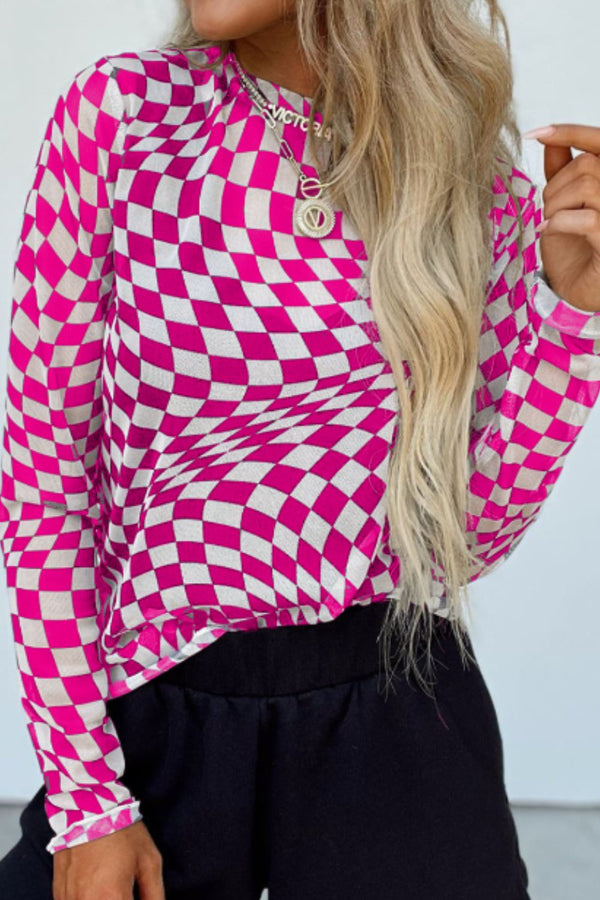 Front view of ChicGrid women’s checkered mock neck long sleeve blouse in hot pink, featuring a flattering silhouette and modern checkered pattern.
