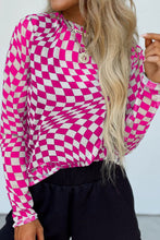 Front view of ChicGrid women’s checkered mock neck long sleeve blouse in hot pink, featuring a flattering silhouette and modern checkered pattern.