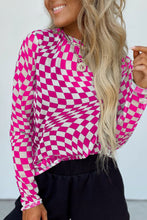 Back view of ChicGrid checkered blouse showing mock neck detail, long sleeves, and smooth fit in hot pink color option.